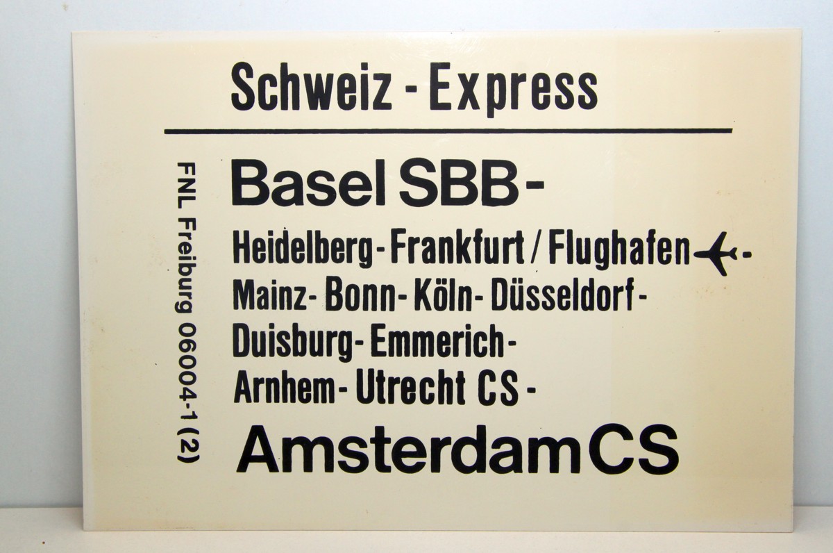 DB Zugschild 30 aus Kunststoff, "Schweiz - Express (Basel SBB - Amsterdam CS)" und Rückseite wie Vorderseite