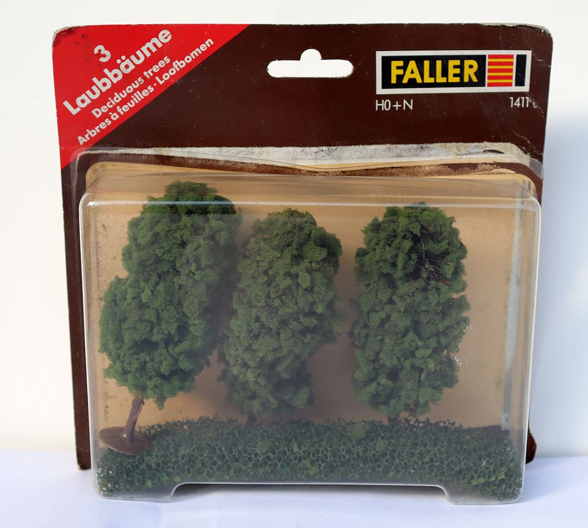 Faller 1411, 3 deciduous trees dark green, approx. 11cm high, for H0 scale, N, in original packaging