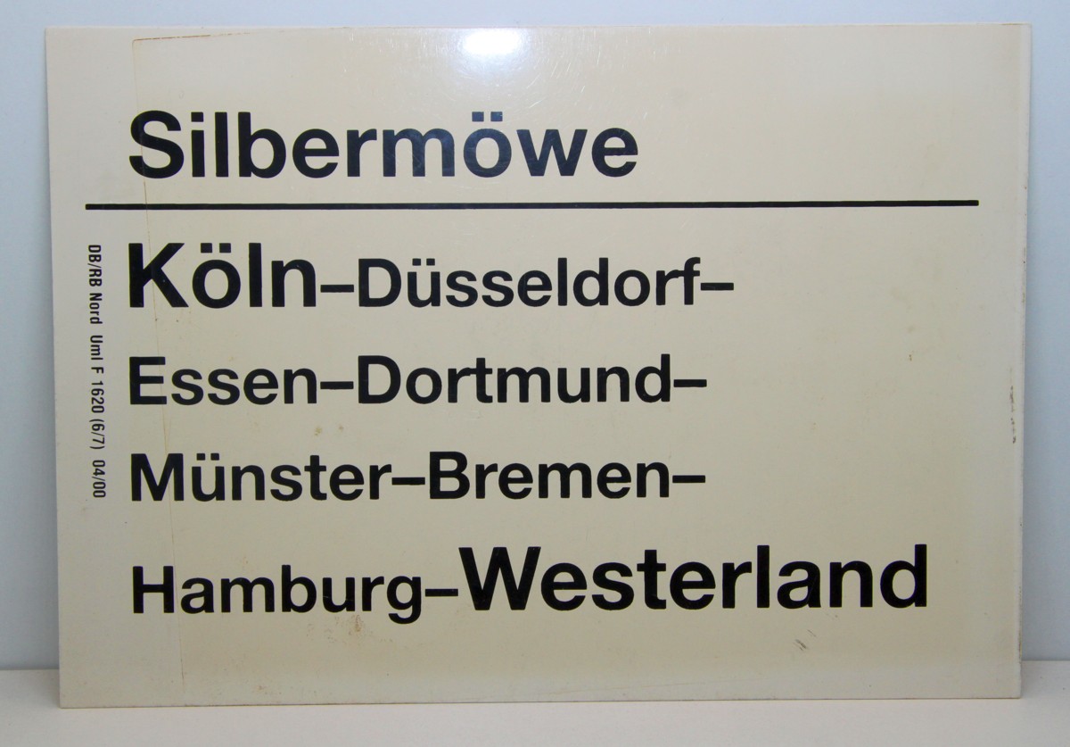 DB Zugschild 27 aus Kunststoff, "Silbermöwe (Köln - Westerland)" und Rückseite wie Vorderseite