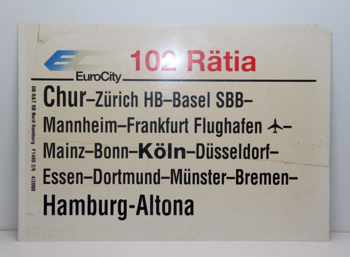 DB Zugschild 22 aus Kunststoff, "EC 102 Rätia (Chur - Hamburg-Altona)" und Rückseite wie Vorderseite