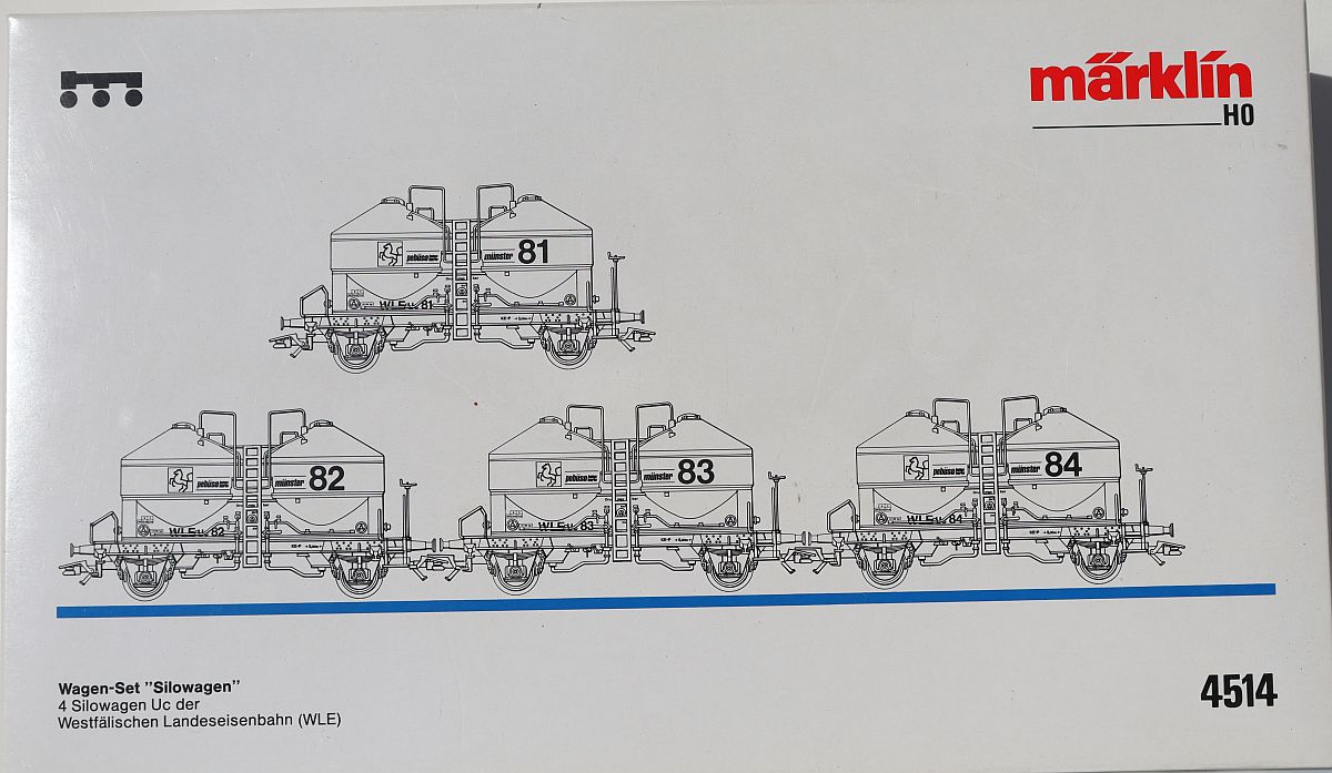 Märklin 4514, ‘WLE silo car’ car set, 4 container cars for fine bulk goods for the Westphalian State Railroad, AC, for H0 scale,