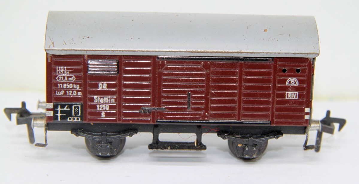 Fleischmann 5020, Güterwagen, Blech, Oldtimer Made in U.S.Zone, DR Stettin 1210, DC, Spur H0, mit Ersatzverpackung