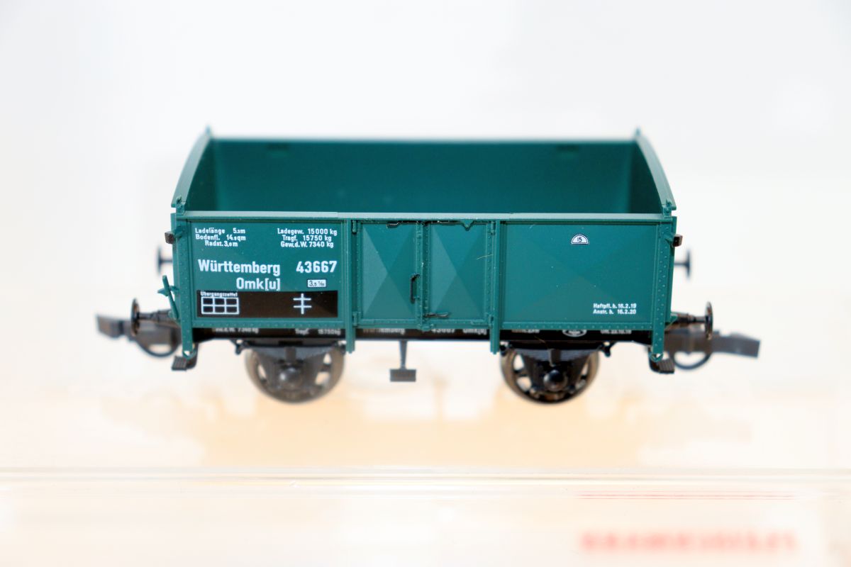 Fleischmann 5887, open freight car Wüttemberg 43667, green, DC, for H0 gauge, see pictures, with original packaging, 