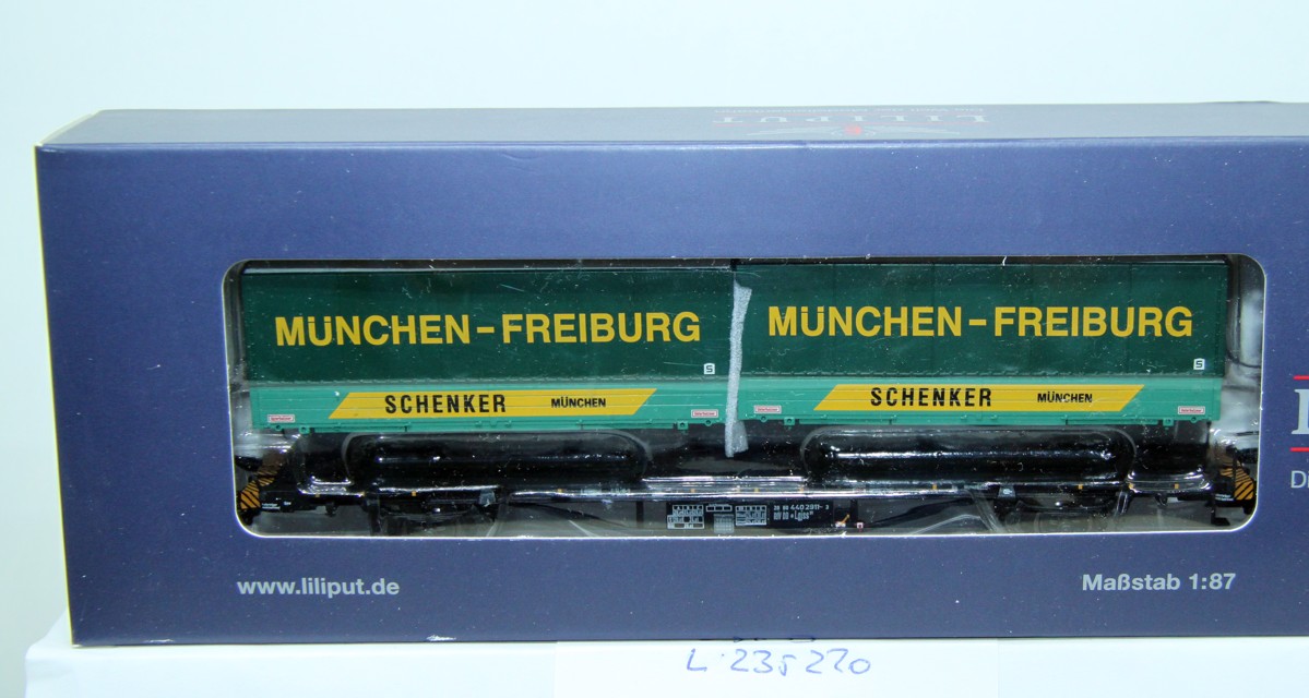 Liliput 235220, Containertragwagen Lgjss 571 der Schenker DB, Epoche IV, beladen mit zwei LKW-Wechselbehältern 