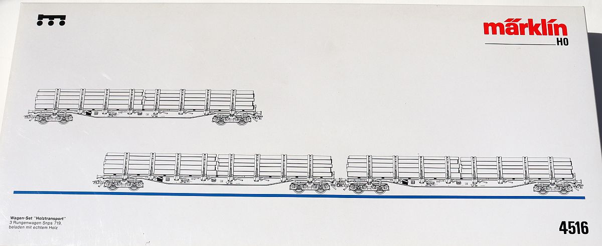 Märklin 4516, Wood transport car set, 3 stake cars with a load of logs, MHI special series 1995, AC, for H0 scale,
