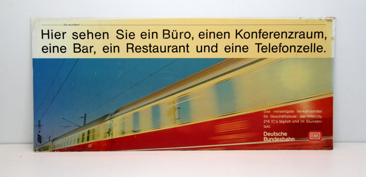 DB Zugschild 12 aus Kunststoff, "Deutsche Bundesbahn" mit Aufschrift "Hier sehen Sie ein Büro, einen Konferenzraum, eine Bar, ein Restaurant und eine Telefonzelle