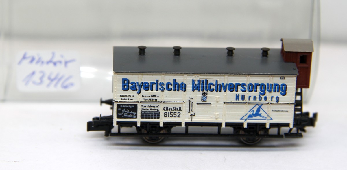  Minitrix 13416, Milchwagen mit Bremserhaus, "Bayerische Milchversorgung", DC, Spur N, in ErsatzVP