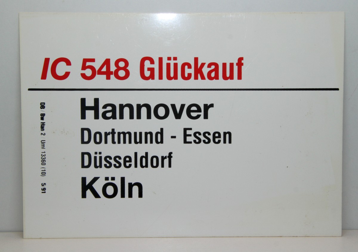 DB Zugschild 21 aus Kunststoff, "EC 146 Piet Mondriaan (Köln-Amsterdam CS)" und Rückseite "IC 548 Glückauf (Hannover - Köln)"